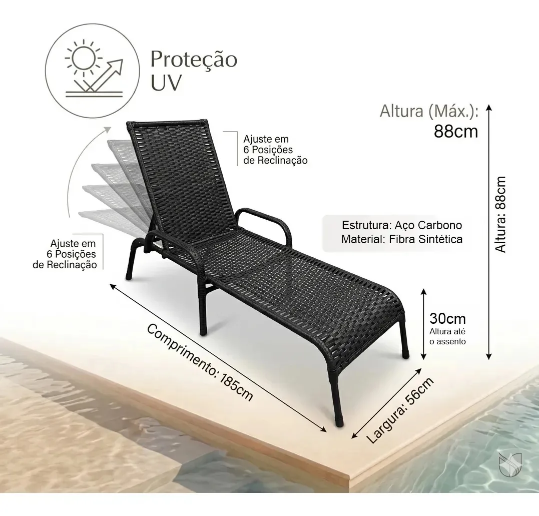 Kit 4 Espreguiçadeiras Para Piscina Catar E 2 Mesas + Cor Preto Lisa