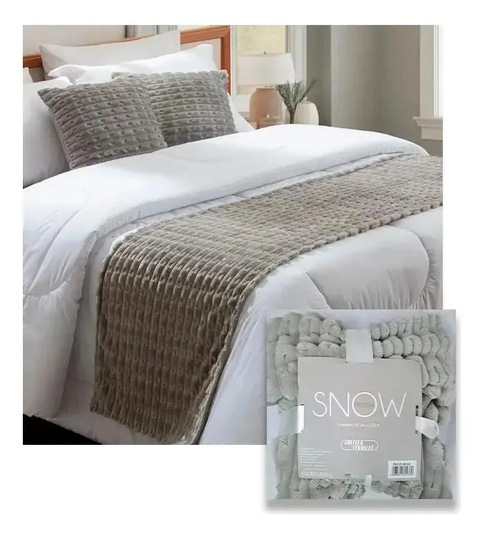Peseira Decorativa Cama Casal Veludo Snow Bege 50x220