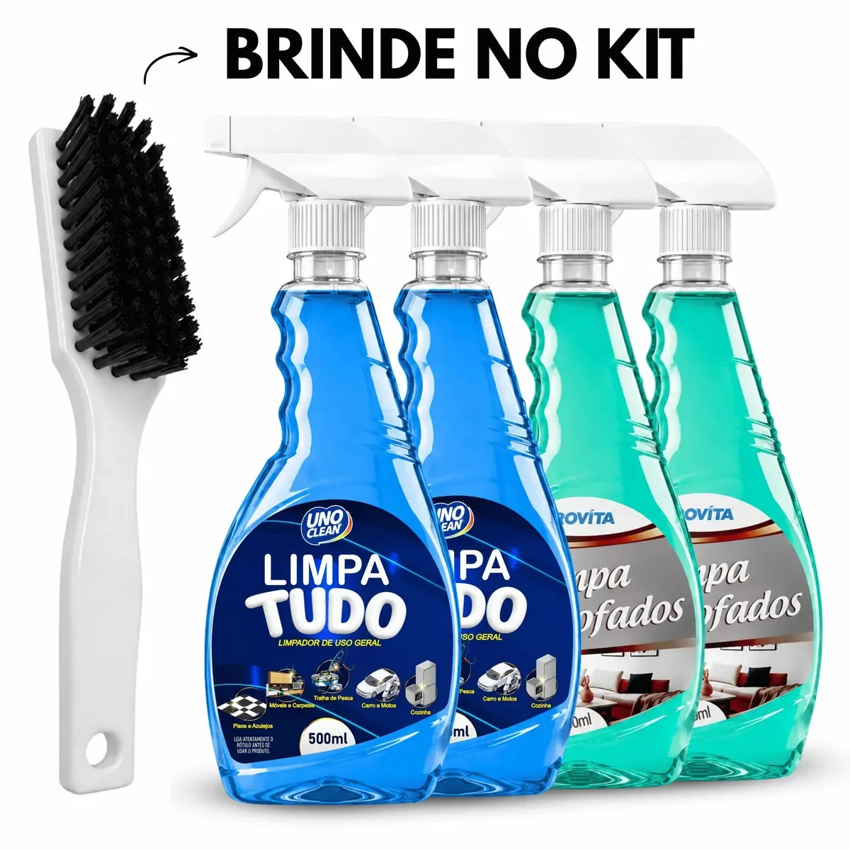 Kit Limpa Estofado Spray Espuma Limpa Sofá Banco Poltrona + Limpa Tudo 500ml Limpa Carpete Bolsa Tênis Piso Azulejo Cozinha Carro + Escova Anatômica