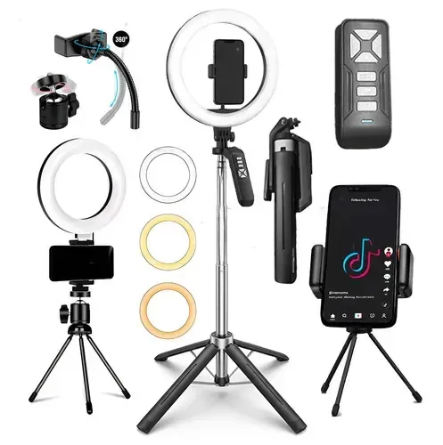 Kit Iluminação 2 Ring Lights Tripé 1.8m Controle Bluetooth Preto 3 Tons De Branco