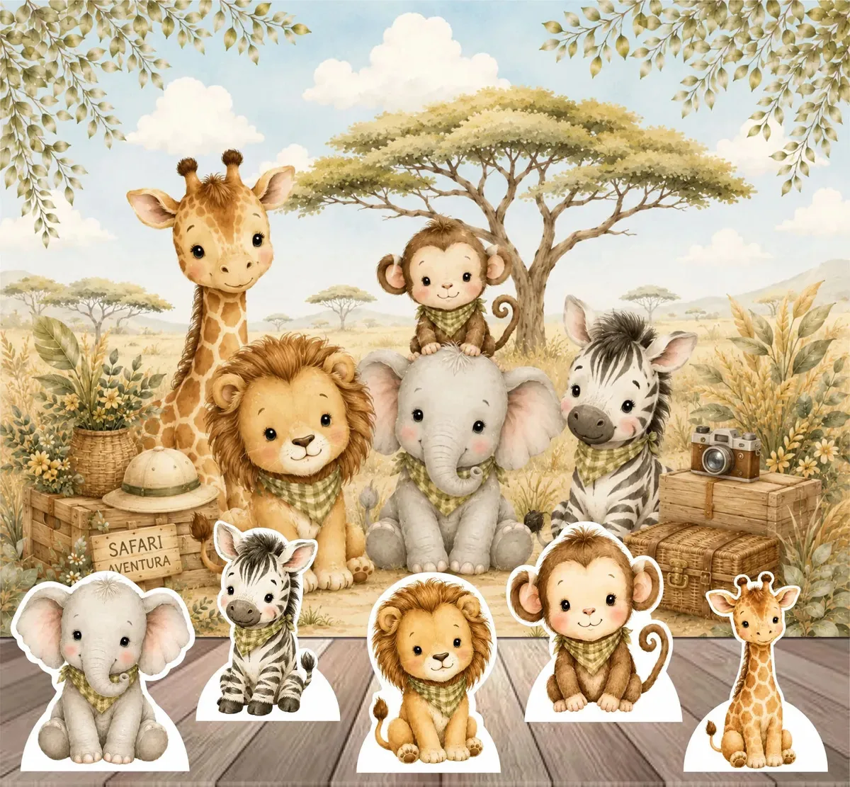 Kit Decoração De Festa Display E Painel Safari Aventura