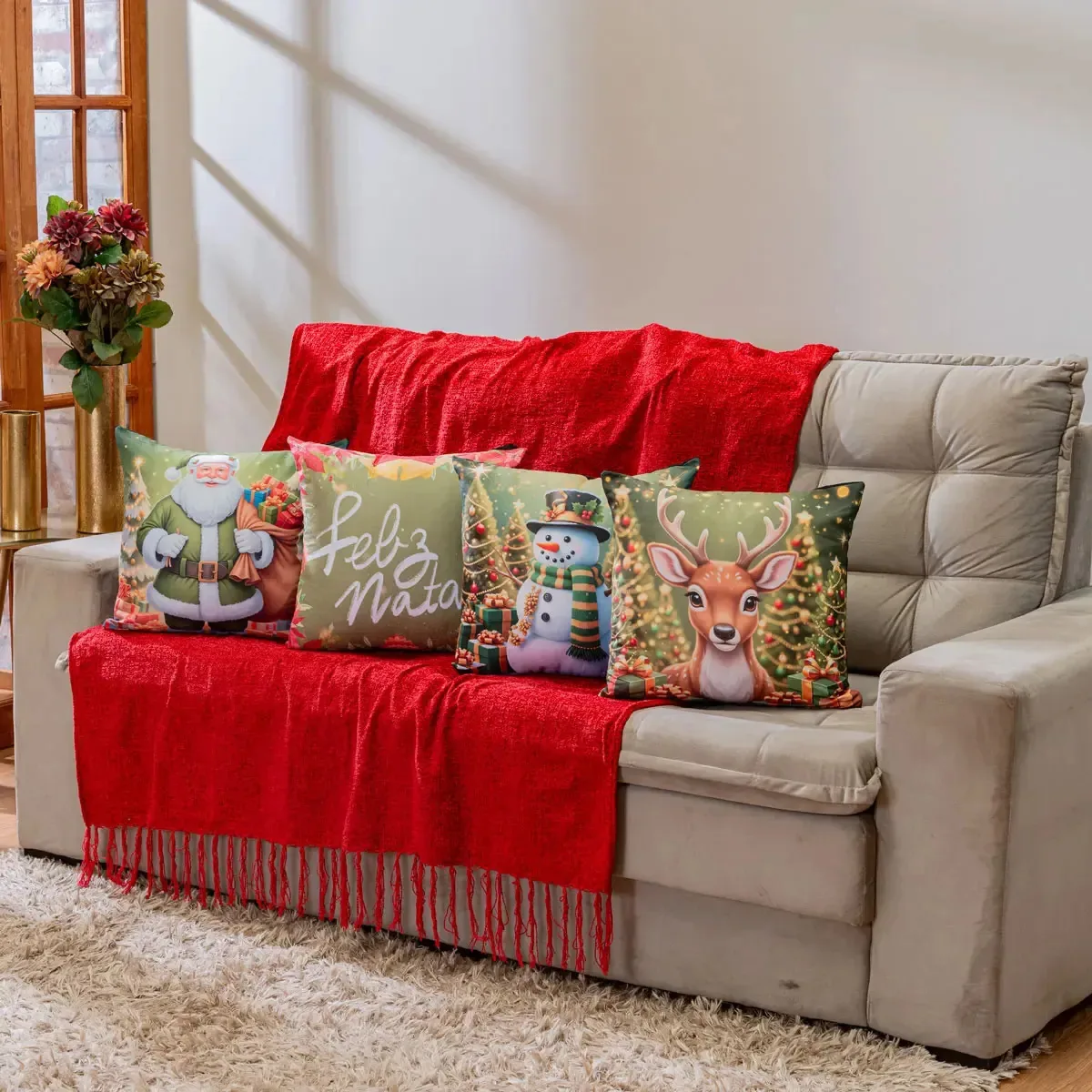 Conjunto 4 Capas De Almofadas Estampadas Natalinas 45 X 45cm Feliz Natal Verde