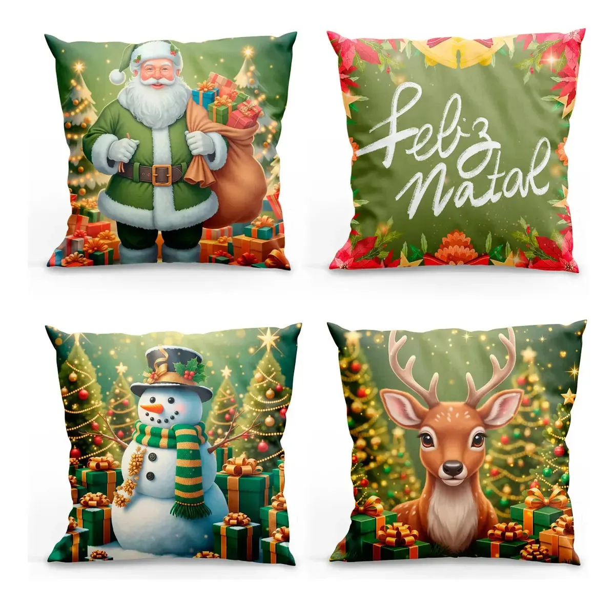 Conjunto 4 Almofadas Cheias Estampadas Natalinas 45cm X 45cm Feliz Natal Verde Natalina