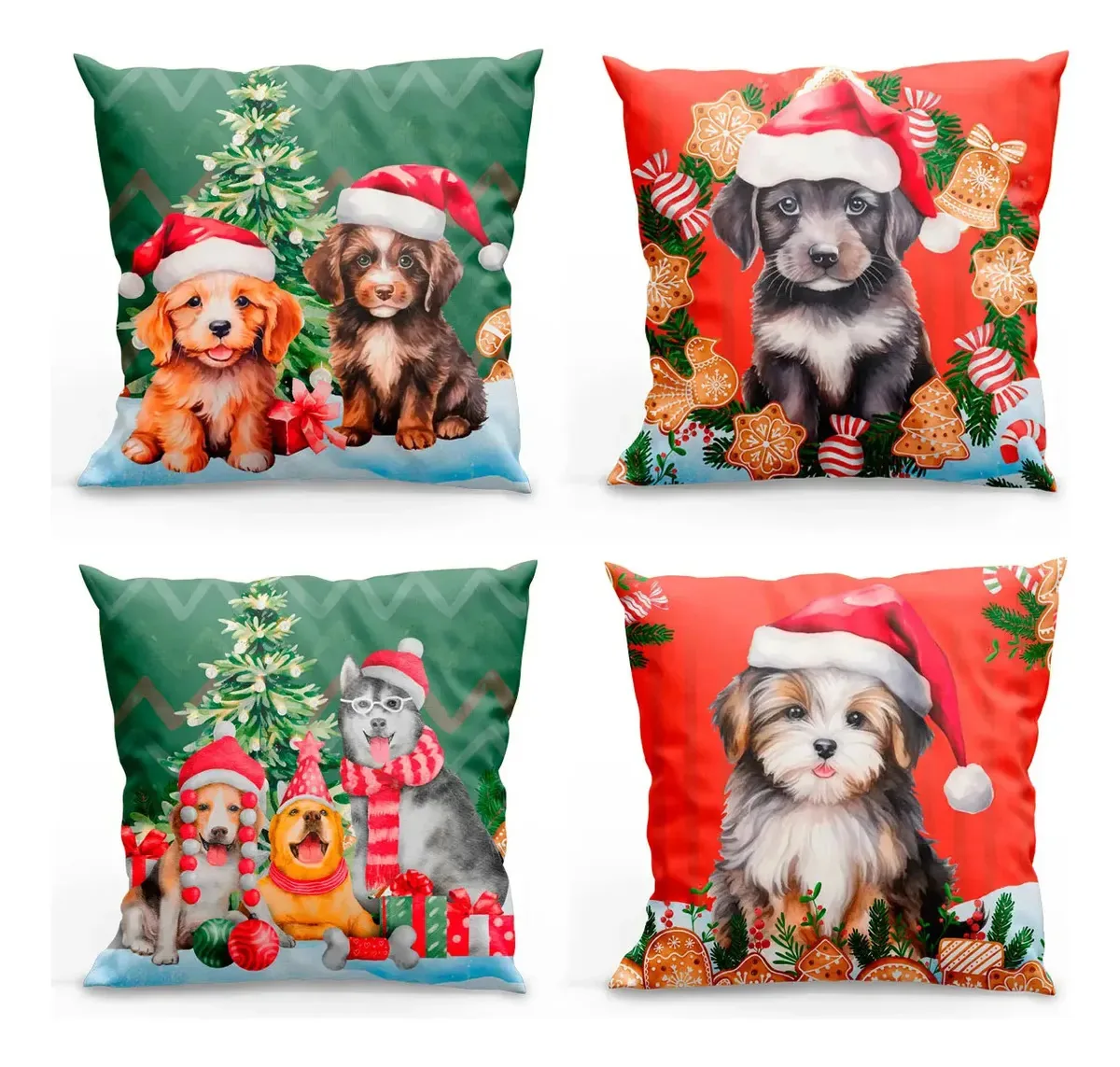 Conjunto 4 Almofadas Cheias Estampadas Natalinas 45cm X 45cm Pets Natal Vermelho Natalina