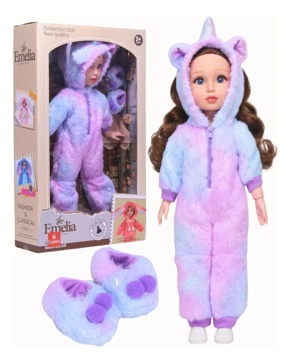 Boneca Articulada Fantasia Macacão Unicórnio Emelia Castela