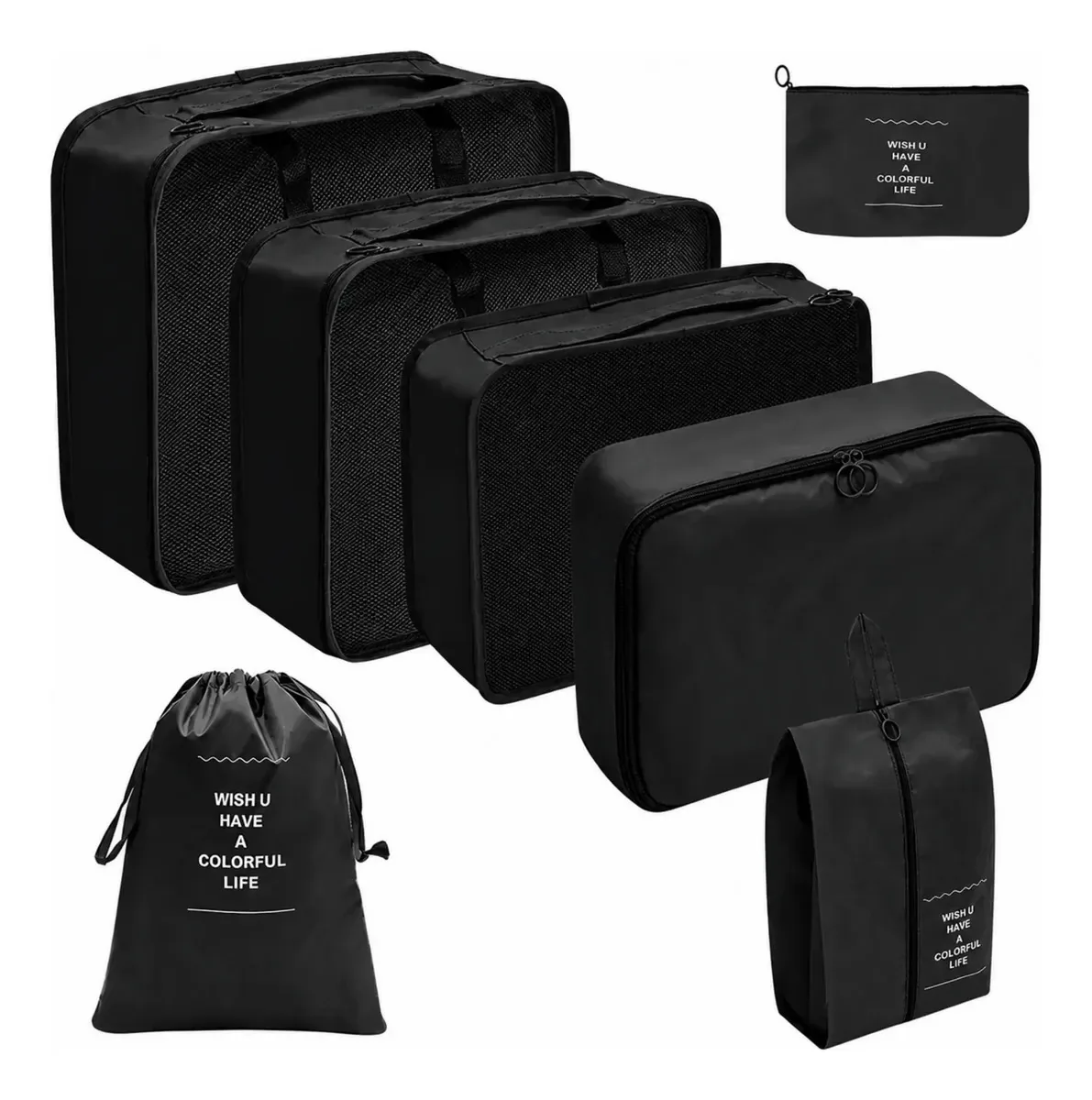 Kit Organizador Mala Viagem 7 Pecas Necessaire Impermeavel Preto 7 Peças