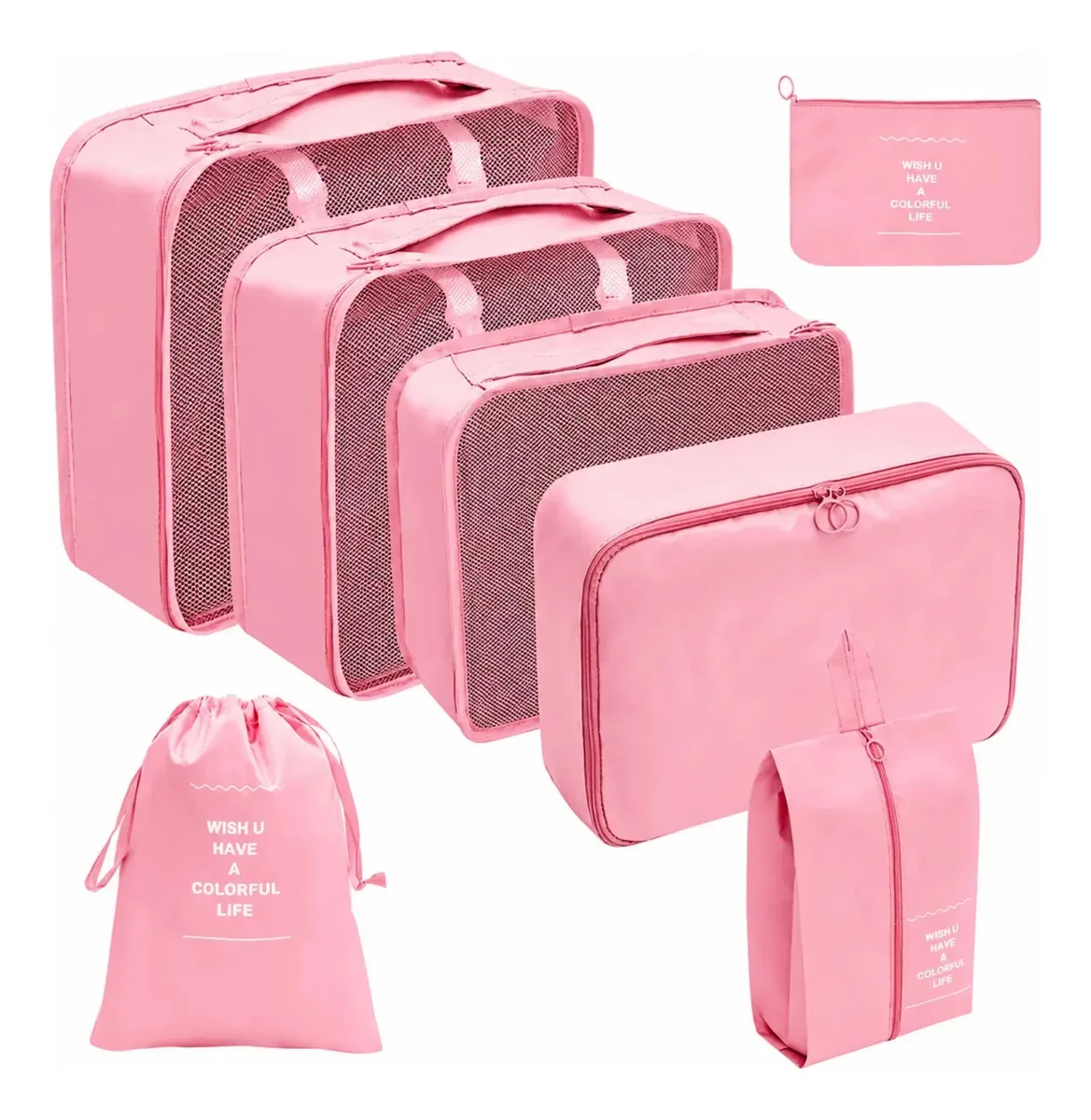 Kit Organizador Mala Viagem 7 Pecas Necessaire Impermeavel Rosa 7 Peças