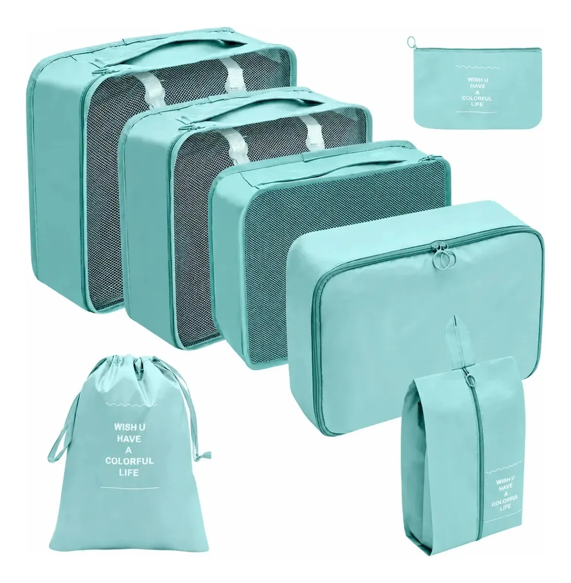 Kit Organizador Mala Viagem 7 Pecas Necessaire Impermeavel Azul Claro 7 Peças