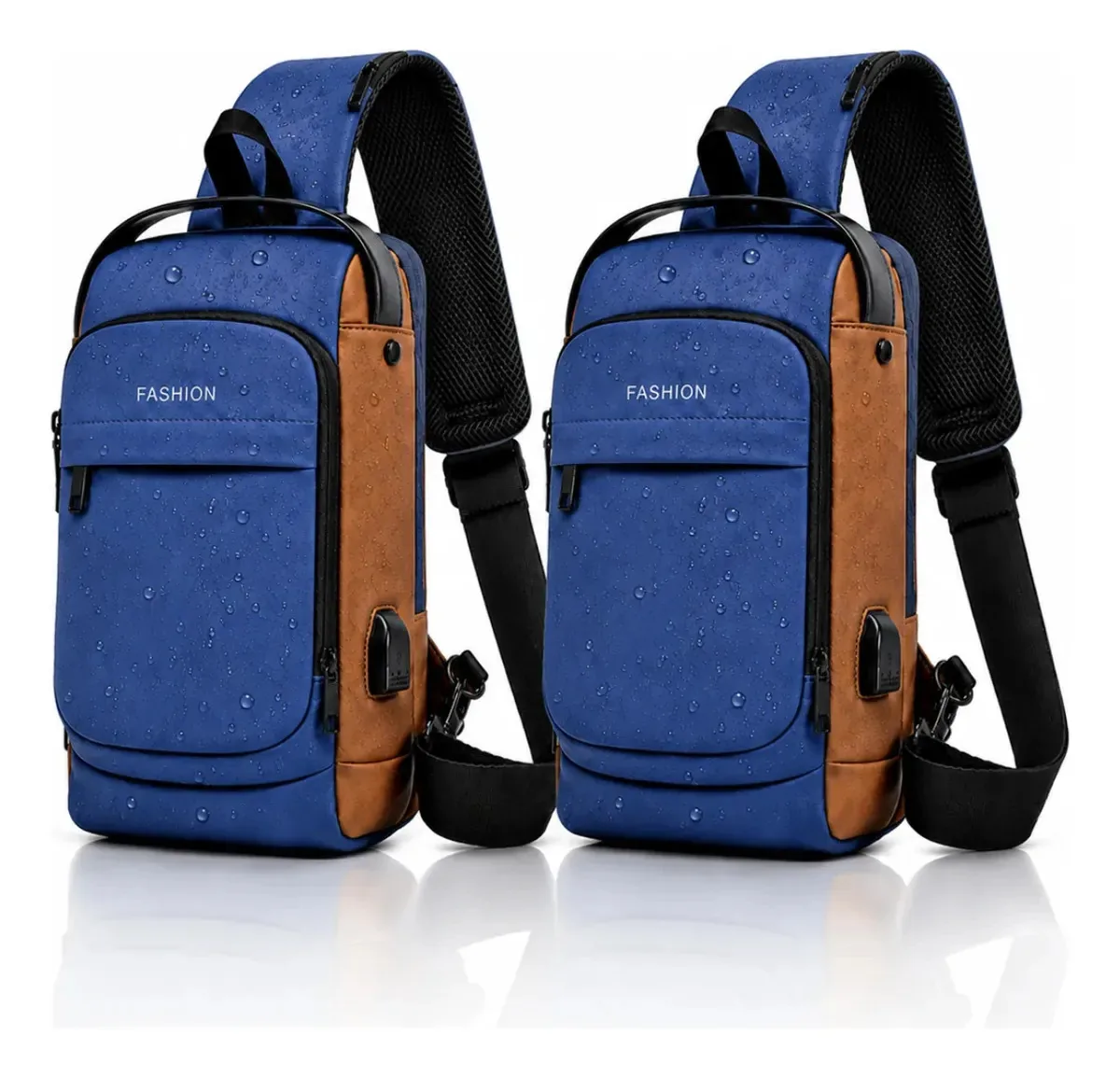 Kit 2 Bolsas Transversal Masculina Antifurto Usb Impermeável Azul