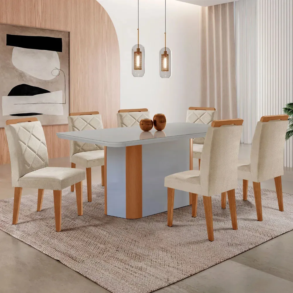 Mesa Isadora 180cm Mdf Vidro E 6 Cadeiras Melissa Tampa Bege