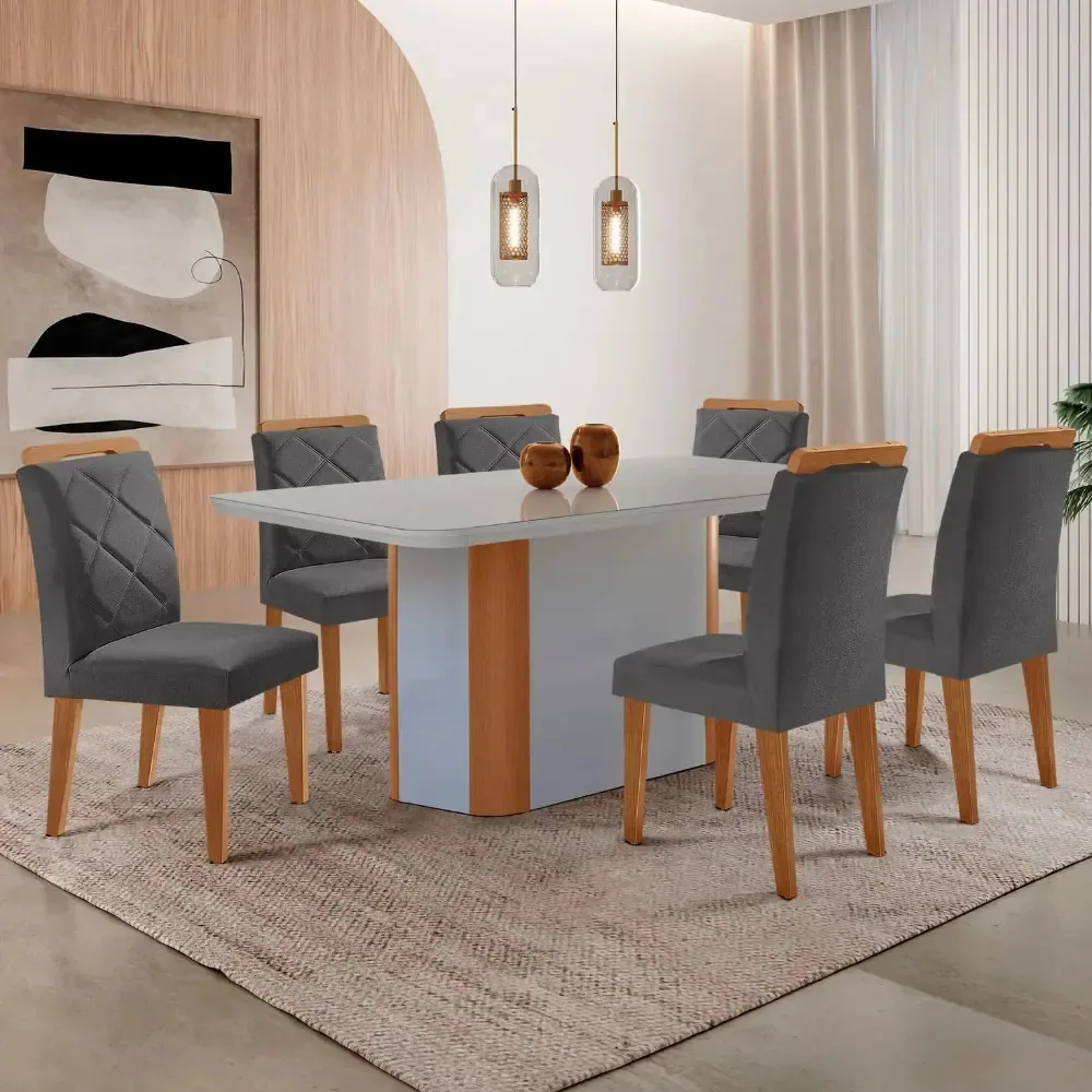 Mesa Isadora 180cm Mdf Vidro E 6 Cadeiras Melissa Tampa Cinza