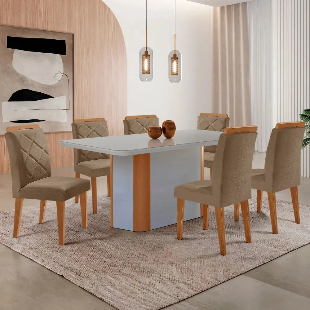 Mesa Isadora 180cm Mdf Vidro E 6 Cadeiras Melissa Tampa Caramelo