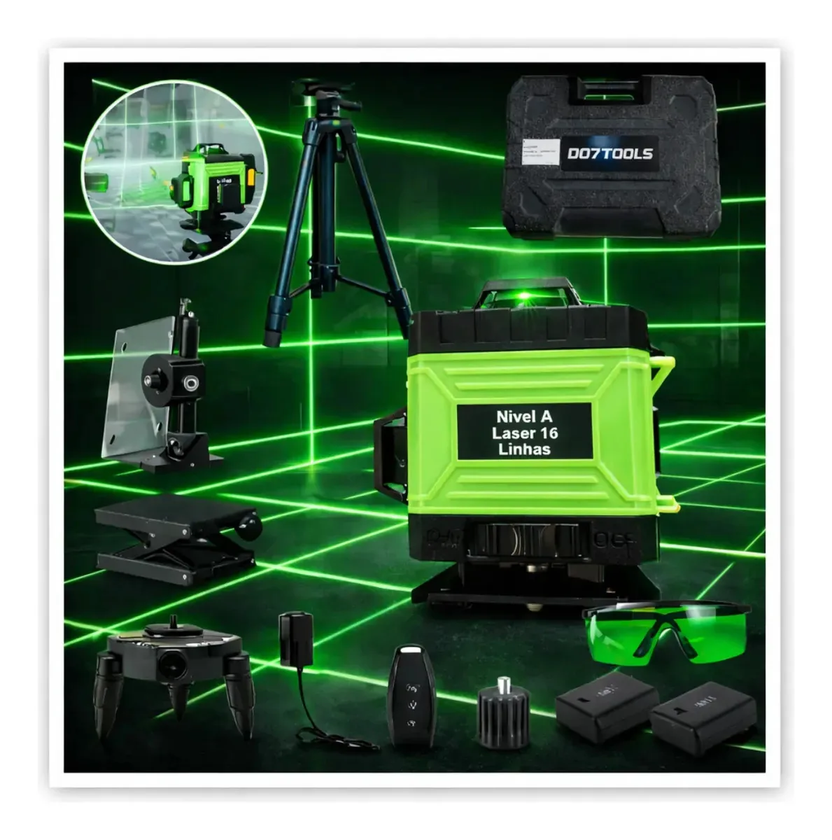 Nível À Laser 16 Linhas Profissional 360° Portátil 2 Baterias Suporte Parede Chão Grátis Tripé Espuma Viva