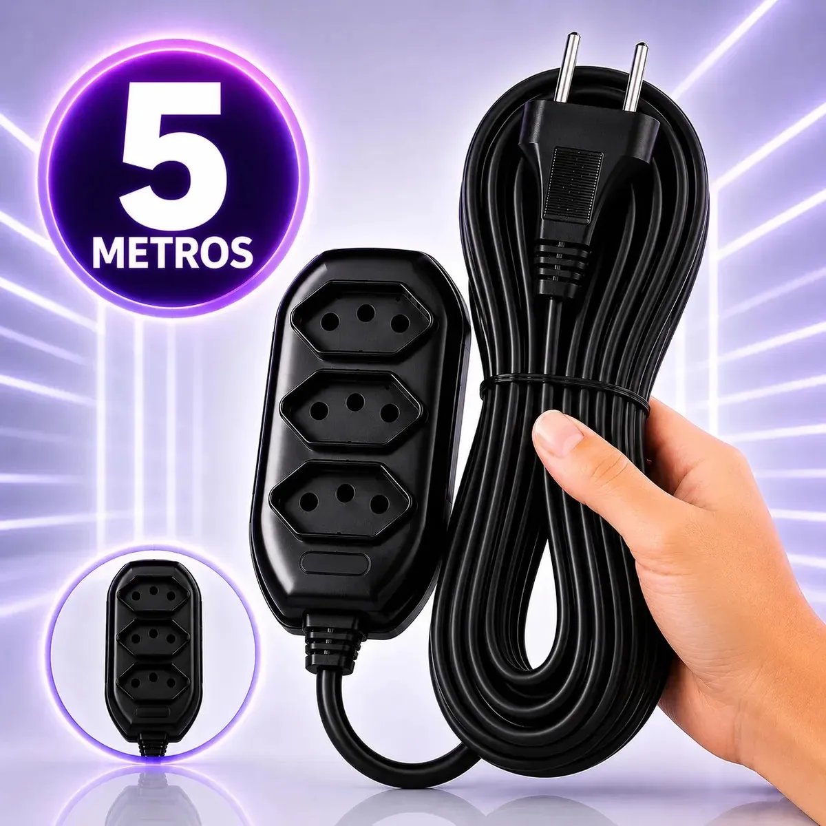Extensão Elétrica 5 Metros Preto 3 Tomada Tripolar Bivolt 20vinte