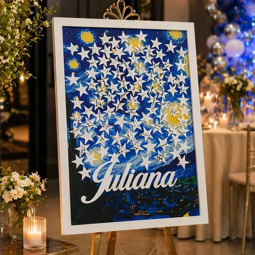 Quadro Assinatura Debutante 15 Anos Noite Estrelada Van Azul Branco