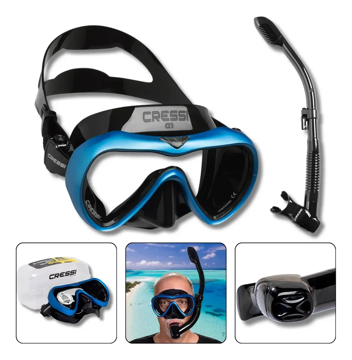 Kit De Mergulho Mascara Mergulho Snorkel Seco A1 Cressi Azul