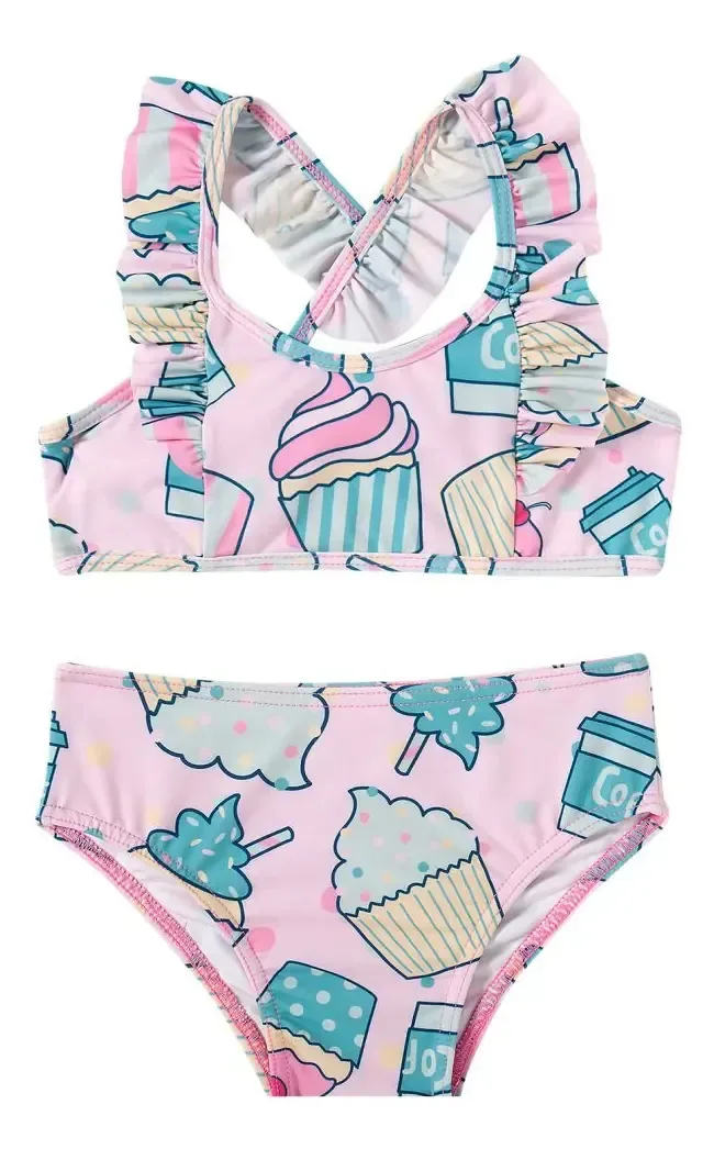 Biquini C/ Protecao Uv Infantil Menina Praia Estampado Cor Rosa Tamanho 1