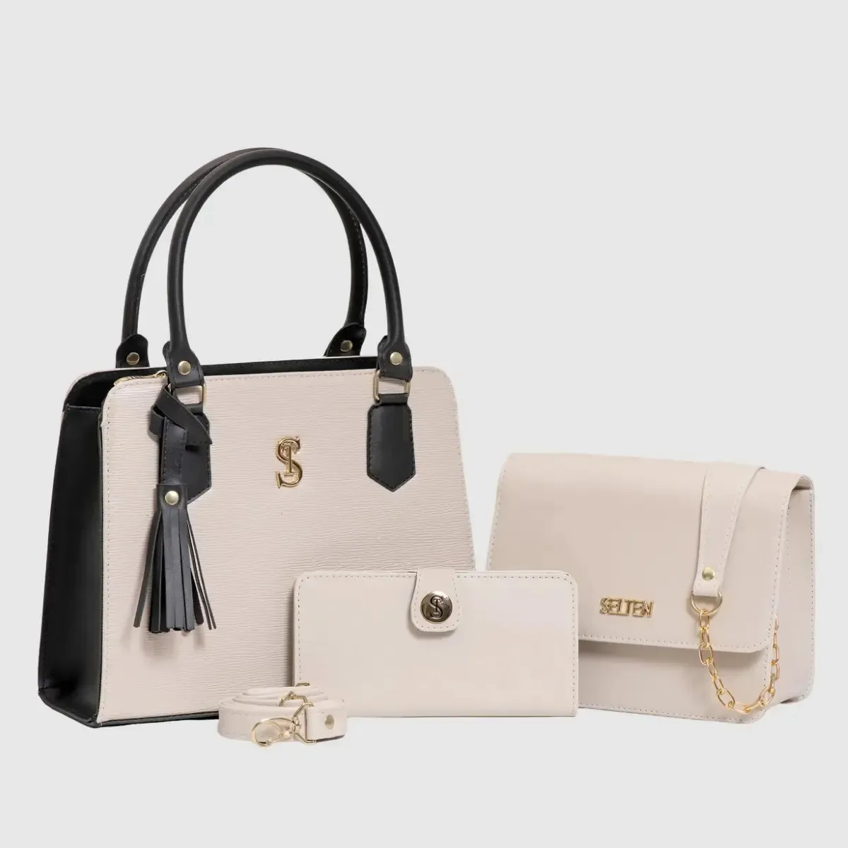 Kit Bolsa Media E Pequena Femininas Transversal Com Carteira Acambamento dos ferragens Ouro Cor Creme Desenho do tecido Lisa