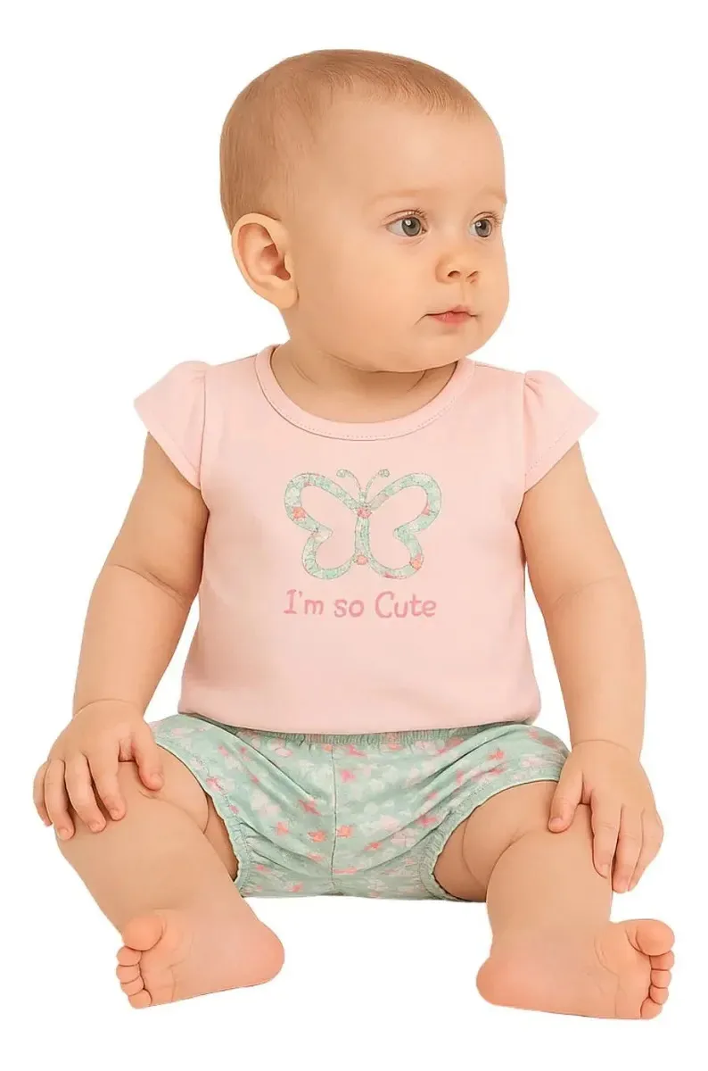 Conjunto Blusa E Shorts Bebê Estampado Brandili Cor Rosa Tamanho G