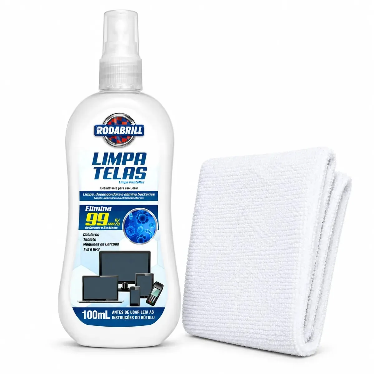 Kit Limpa Telas 100ml Remove Gordura Digitais Bactérias com pano microfibra Celular Notebook Smart TV Smartphone Tablet