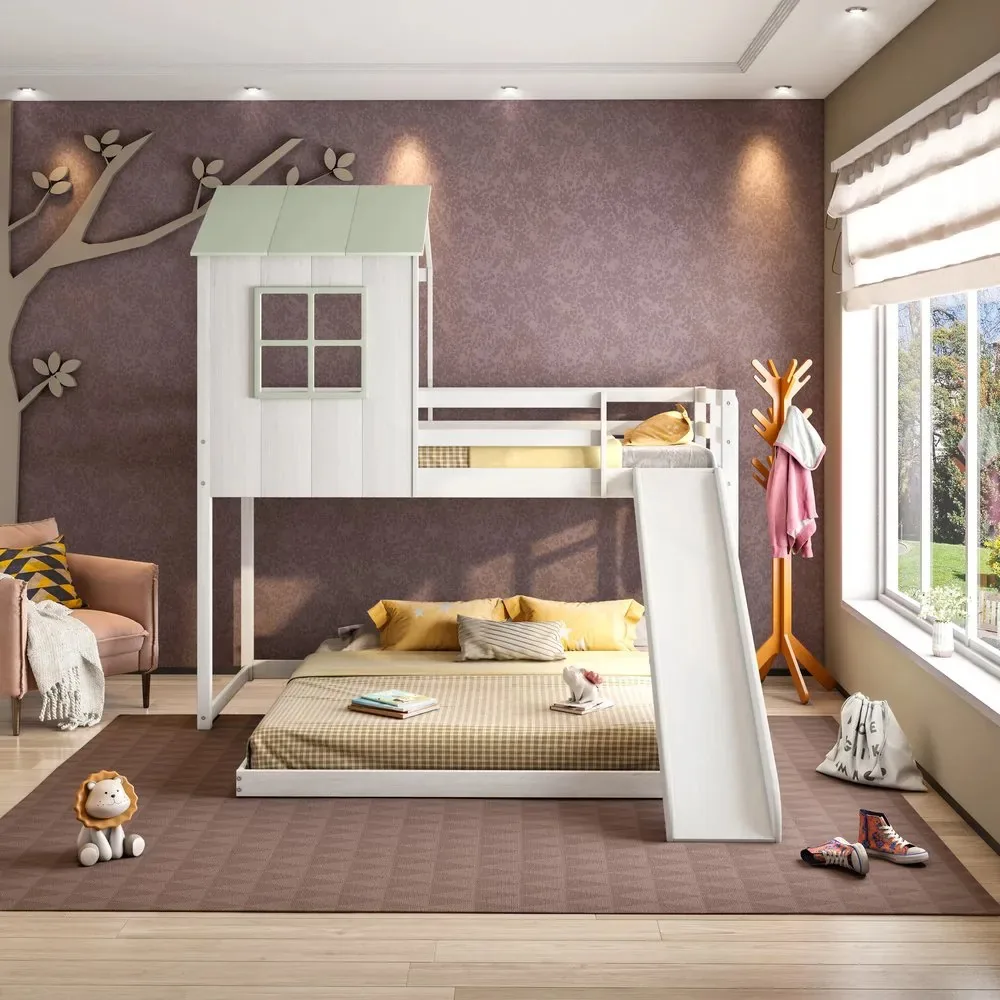 Beliche Queen Montessoriano Cabana Family Com Escorregador Branco/verde