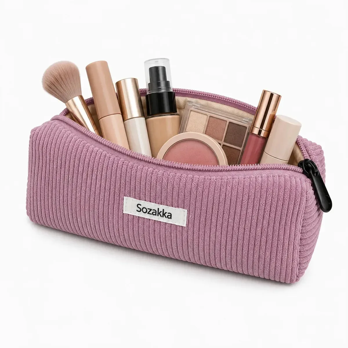 Bolsa de cordeiro lilás para maquiagem, cosméticos e acessórios de viagem Bolsa de cosméticos portátil com fecho canelado, estética para mulheres - roxa