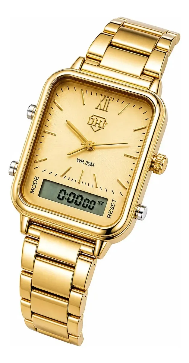 Relogios Femininos Dourado Digital E Analogico Quadrado Dourado