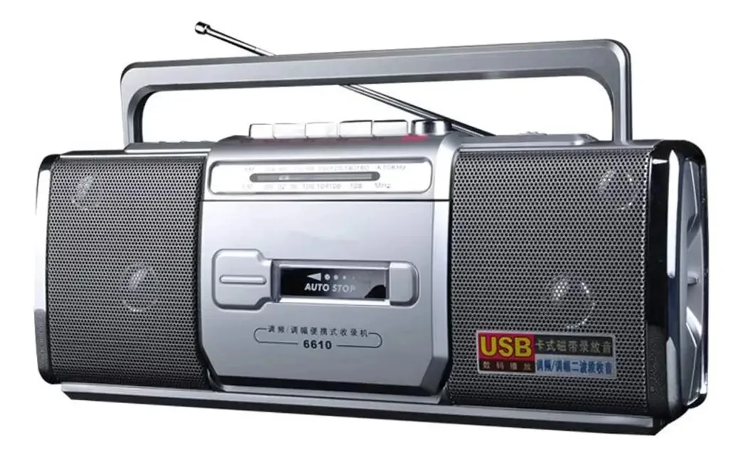 Leitor e gravador de cassetes de rádio retrô com sintonização analógica de rádio AM/FM, microfone embutido, alimentado por bateria/rede