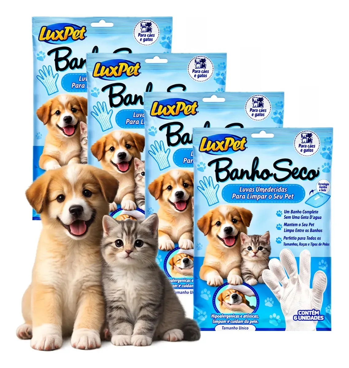 Kit 24 Luvas Umedecidas Banho A Seco Luxpet Para Cães E Gatos Limpeza Sem Água Remove Odores E Pelos Higiene Rápida