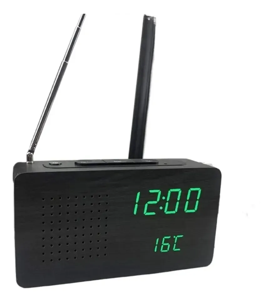 Rádio despertador Cxaprdsh, controle de voz de madeira, brilho ajustável, rádio-despertador FM com função brilhante, (preto)
