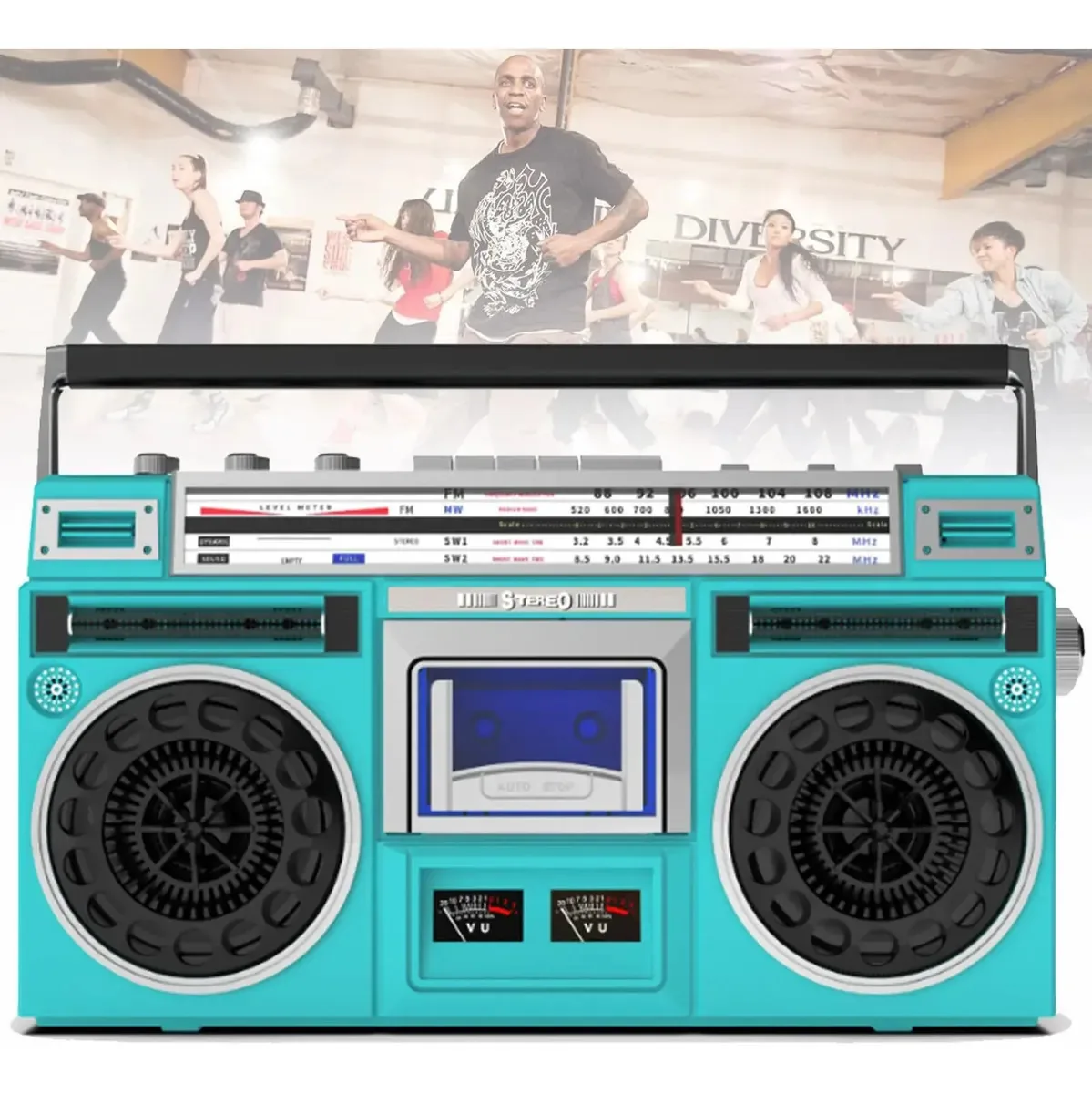 Leitor de CD retrô Boombox, estilo clássico dos anos 80, cassete portátil Boombox, compatível com entrada SD/USB, com rádio AM/FM, para viagens de reunião familiar, verde