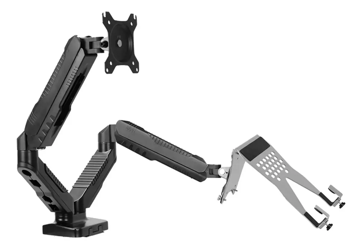 Suporte de monitor, braço de monitor, 2 em 1, suporte de mesa ajustável de braço duplo, monitor e laptop, suporte de braço único para telas de 15 a 27, suporta até 14,3