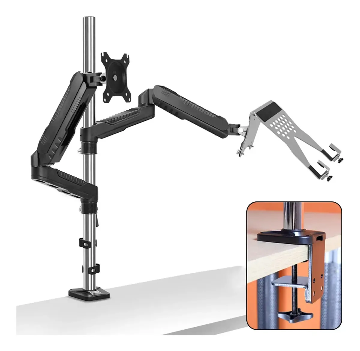 Suporte de monitor para monitor e suportes de mesa portáteis 2 em 1 ajustáveis de braço duplo tipo coluna Braço de suporte para monitor duplo, suporte Vesa 75/100 mm com braçadeira em C B