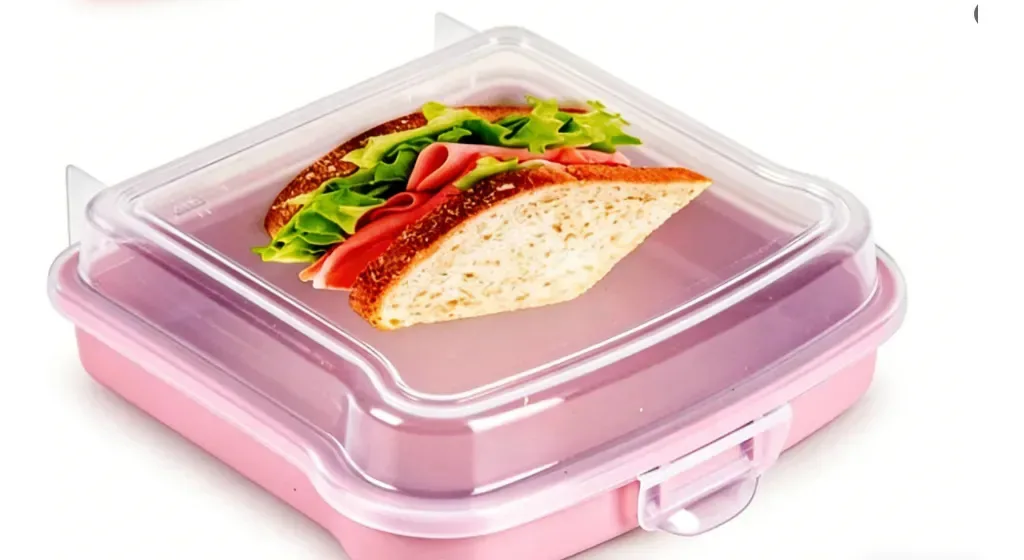 Recipiente de sanduíche portátil de plástico quadrado para sanduíches rosa