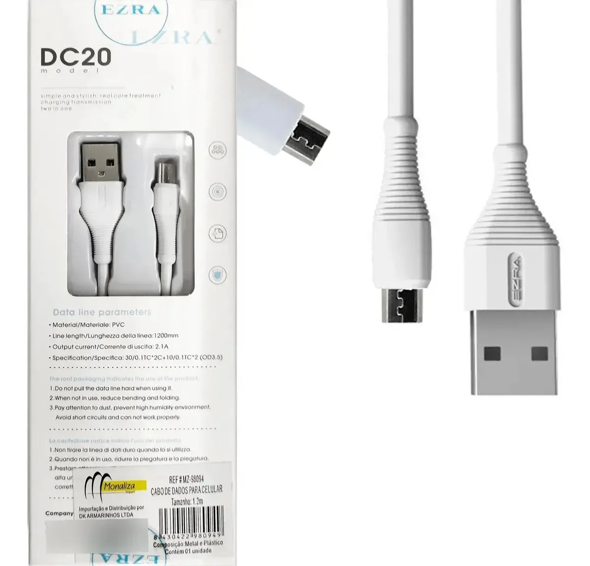 Cabo Dados Carregador Celular Android Usb Tipo V8 1.2metros Branco