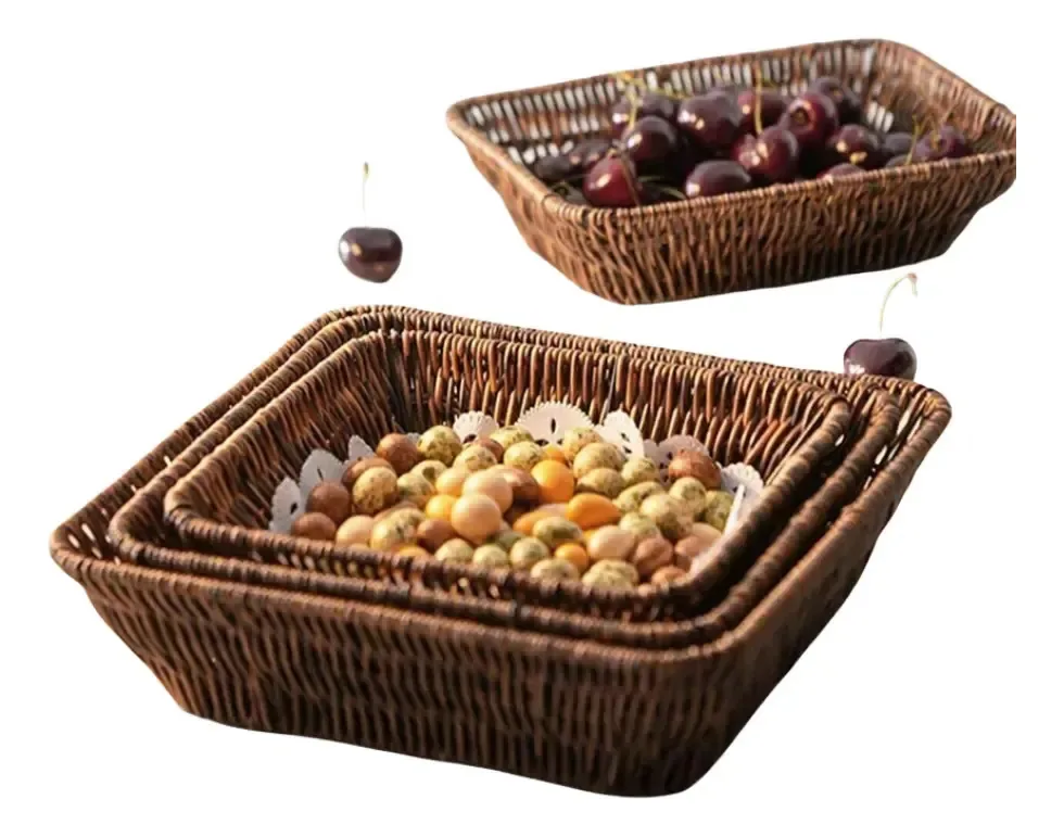 Conjunto de 3 peças de cesta quadrada de vime, cesta doméstica marrom claro
