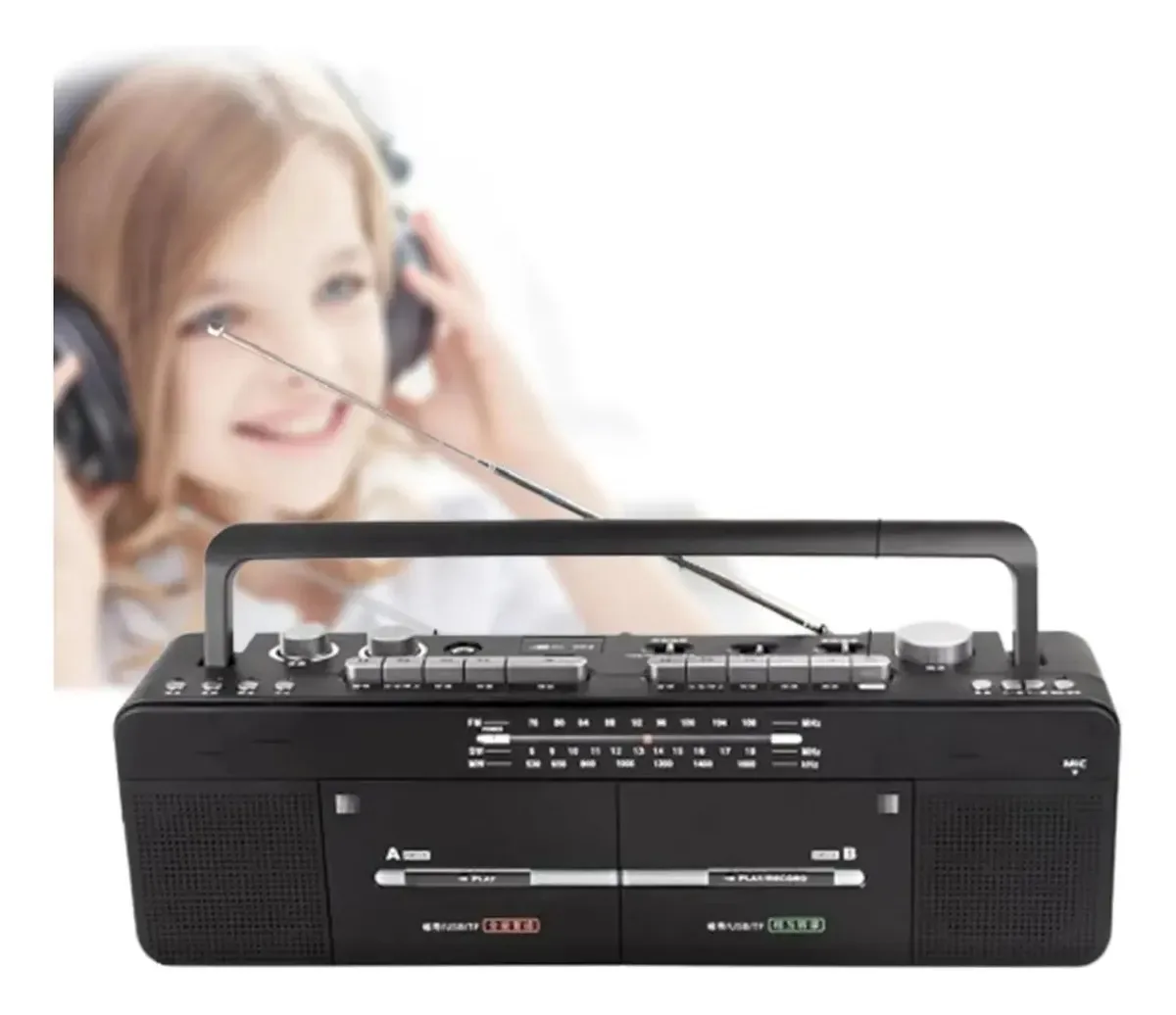 Gravador de cassete retrô portátil com Bluetooth, entrada USB, rádio AM/FM, gravador de cassete duplo, sistema de áudio de entretenimento Bluetooth, gravador portátil, gravador de ativos de CD Boombox