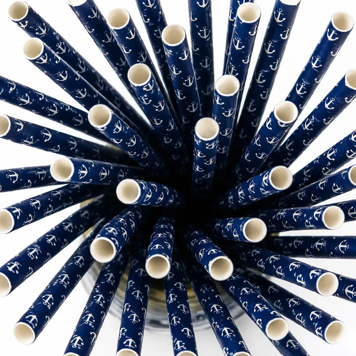 25un Canudos Papel Biodegrádavel Azul Com Ancoras Marinheiro