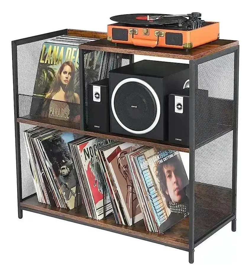 Mesa, prateleira, porta-discos, vinil preto