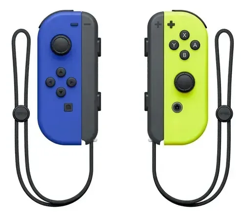 Controladores compatíveis com Nintendo Switch, com controladores sem fio em duas cores, azul/amarelo, com pulseiras, joysticks precisos e compatibilidade com jogos multijogador.