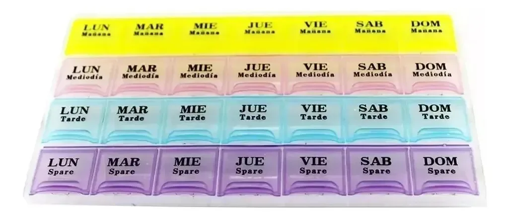 Caixa de comprimidos semanal, 4 doses diárias em espanhol com convenientes compartimentos coloridos, organizador de medicamentos de dia grande para facilitar os tratamentos médicos com Mrv