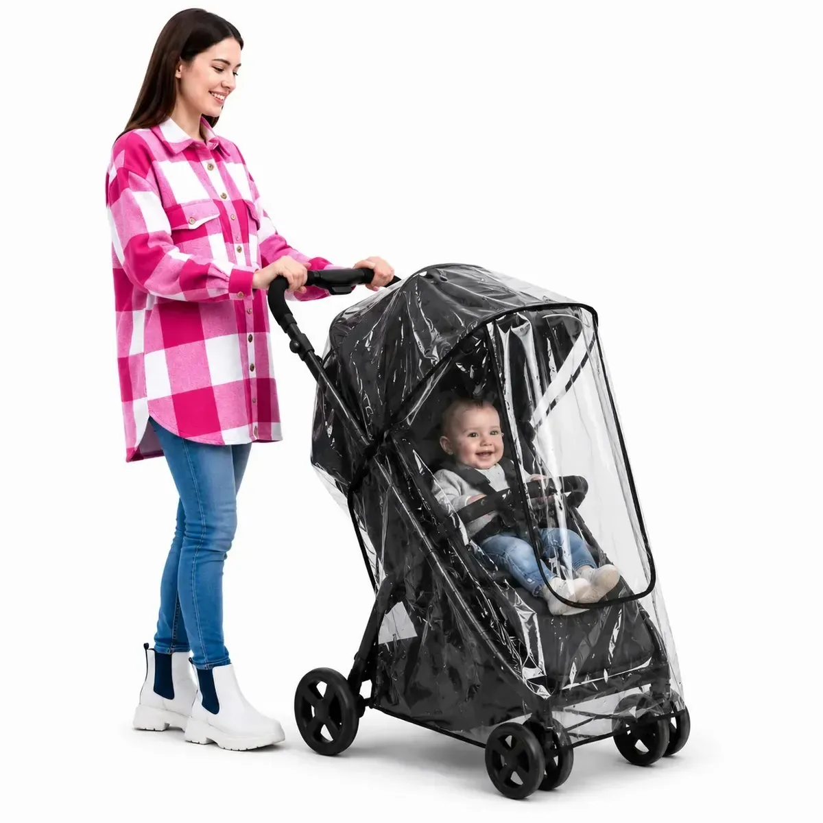 Capa de chuva universal para carro de bebê, protetor de chuva transparente de PVC impermeável, vento, poeira fria, capa de carro, guarda-chuva, sistema de viagem, carro, passeio de carro e carro...