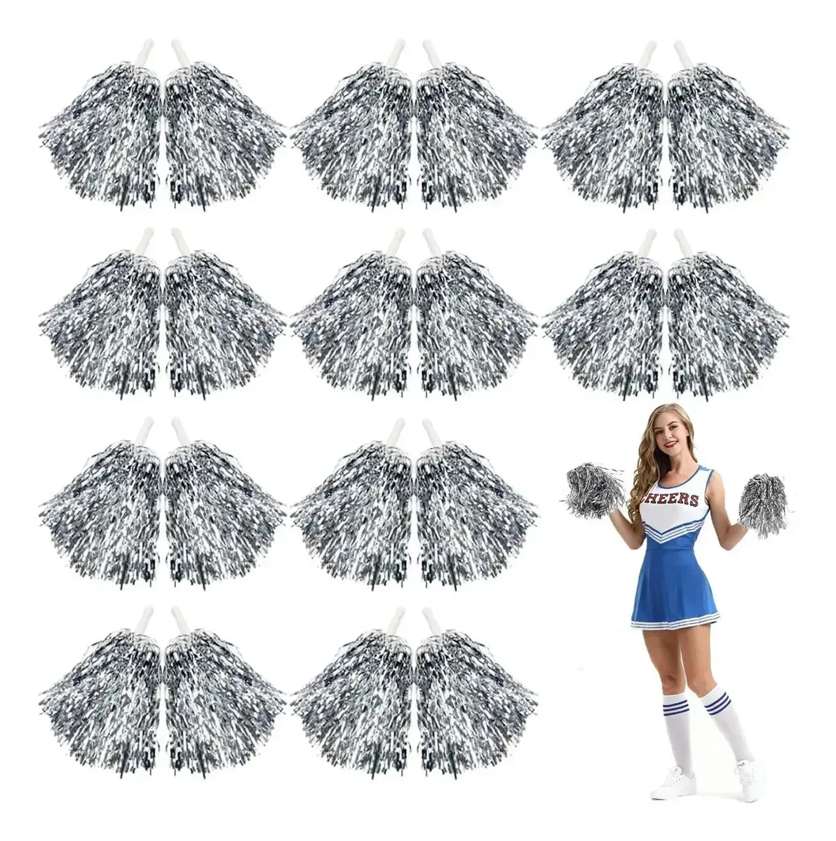 Pacote de 20 pompons para líderes de torcida, pompons de plástico para dança esportiva, pompons manuais para líderes de torcida para esportes, dança, fantasias, festas noturnas, cor prateada