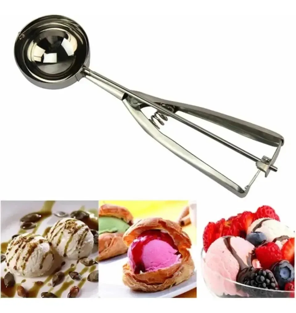 Colher de sorvete profissional de aço inoxidável com gatilho expulsor fácil de usar para sobremesas e frutas Utensílio de cozinha MRV pesado e lavável na máquina de lavar louça