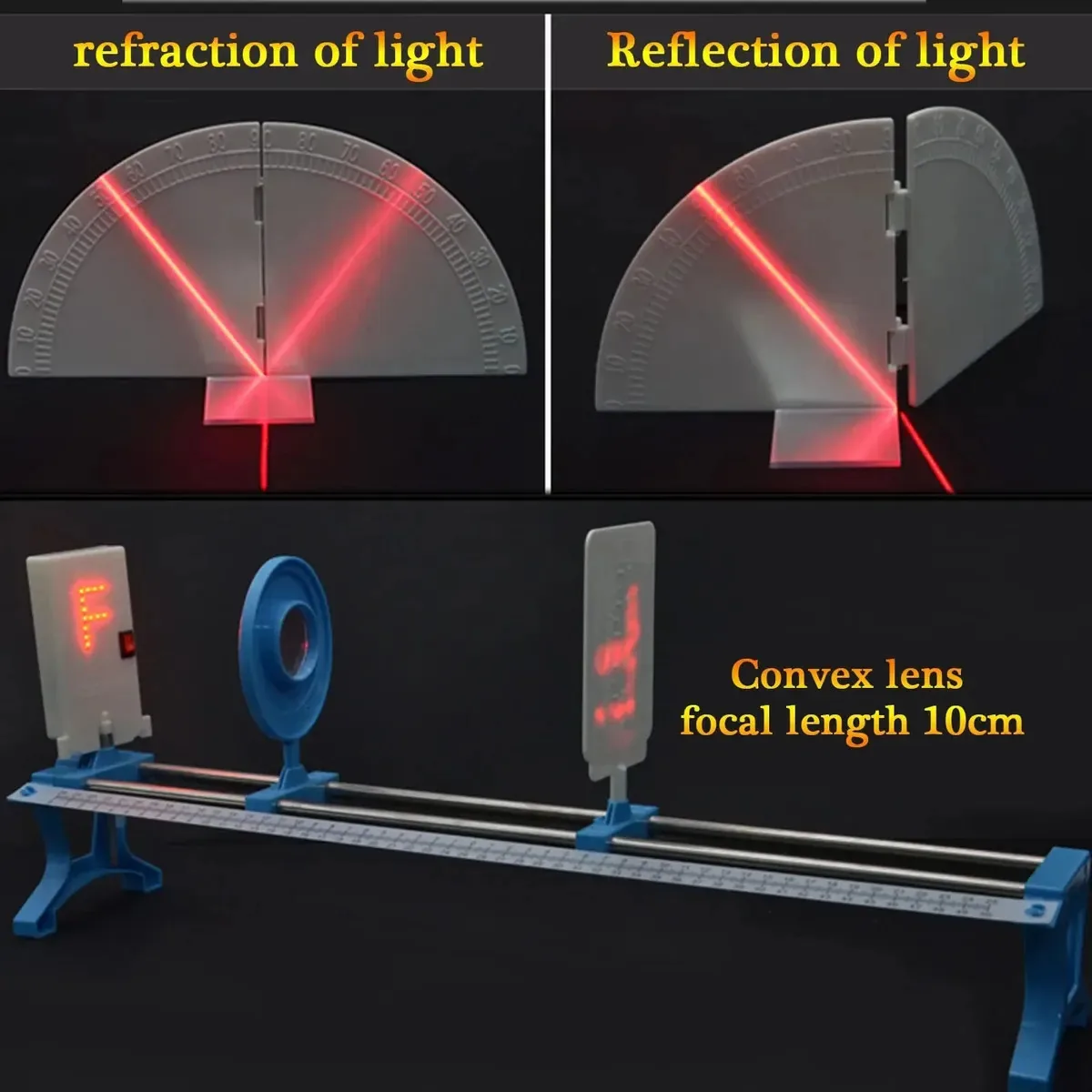 Instrumentos de aprendizagem óptica física Jksvtf, kit de experimento óptico portátil, bancada óptica, lente de vidro óptico côncavo-convexa, fonte de luz de feixe paralelo de três linhas