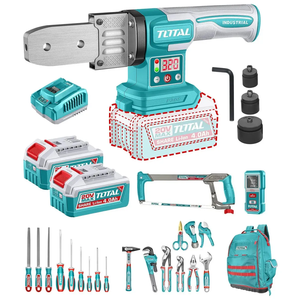 Conjunto total de 25 peças: máquina de termofusão sem fio de 20v, ferramentas manuais de 0 a 320ºC +, 2 baterias de 4,0 ah, carregador 4A e mochila - TOS260105