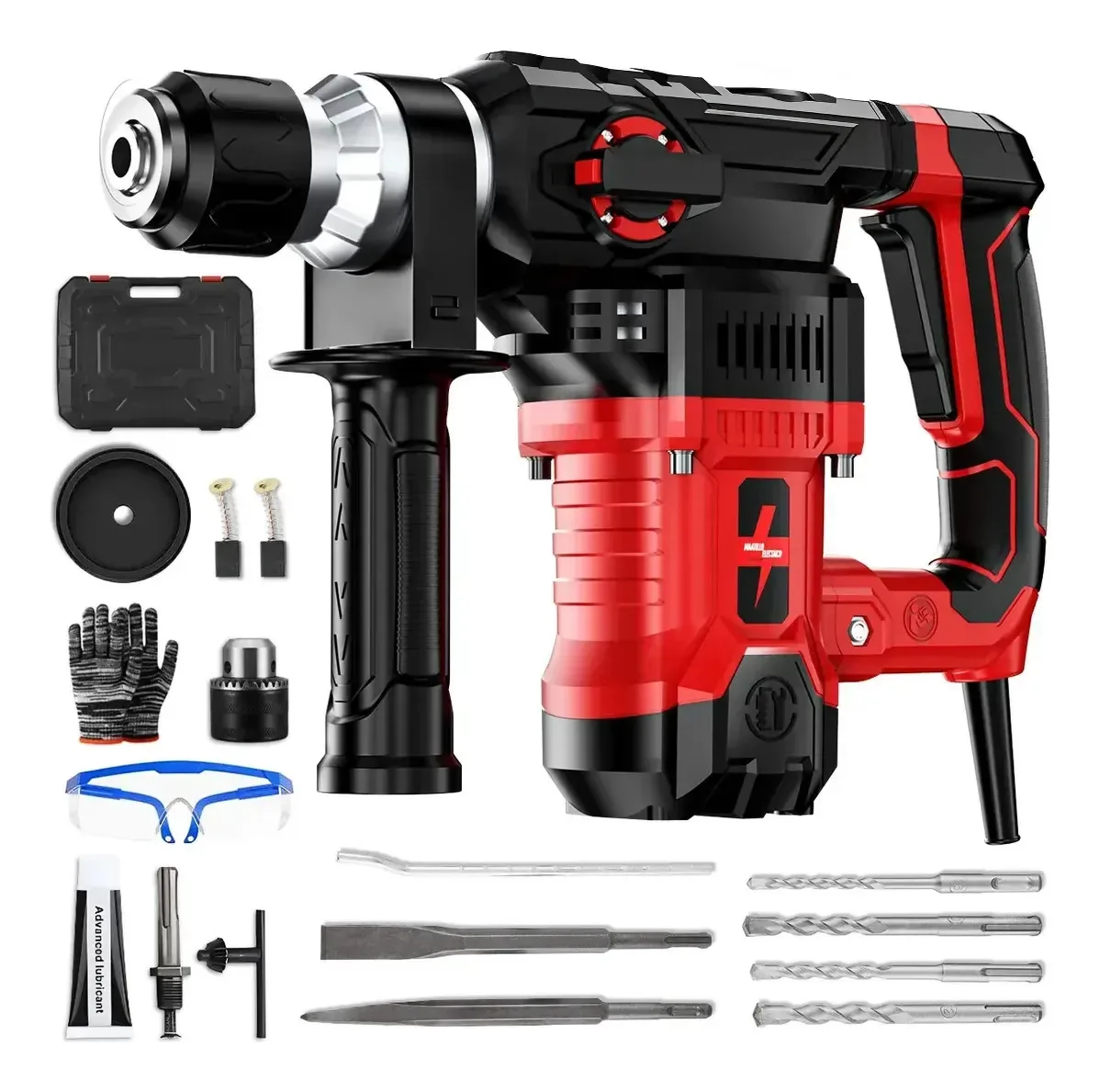O martelo rotativo elétrico Gifoos 4500w, multifuncional para concreto e madeira, inclui acessórios e estojo, ideal para construção e reparos