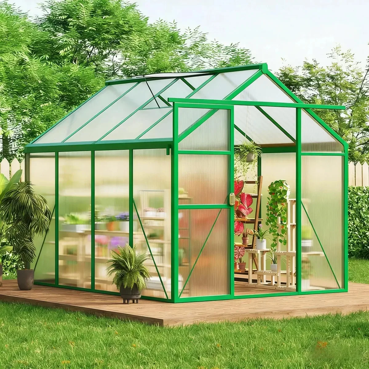 Estufa de alumínio e policarbonato de 6x8 pés para jardim verde