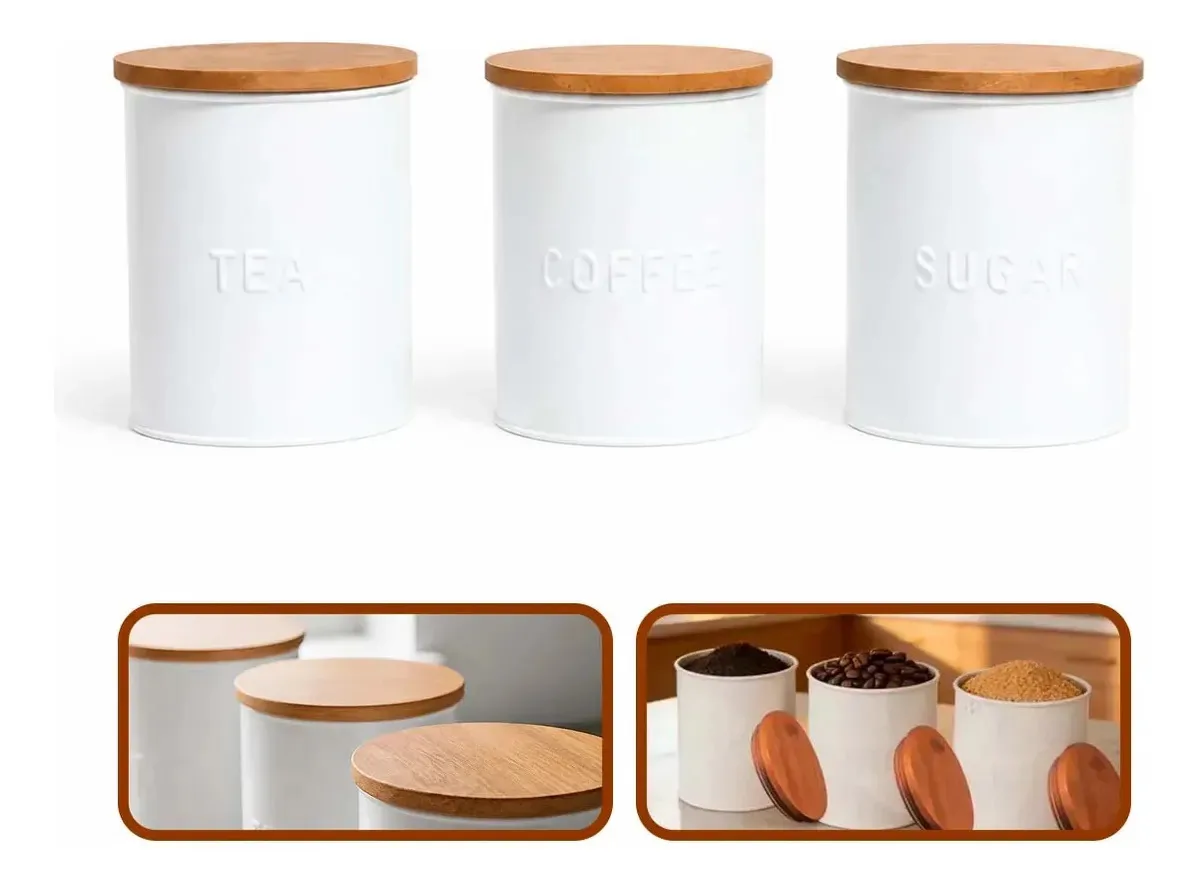 Kit 3 Porta Mantimentos Branco Madeira P/ Café Açucar E Sal Porta Mantimentos Madeira Branco