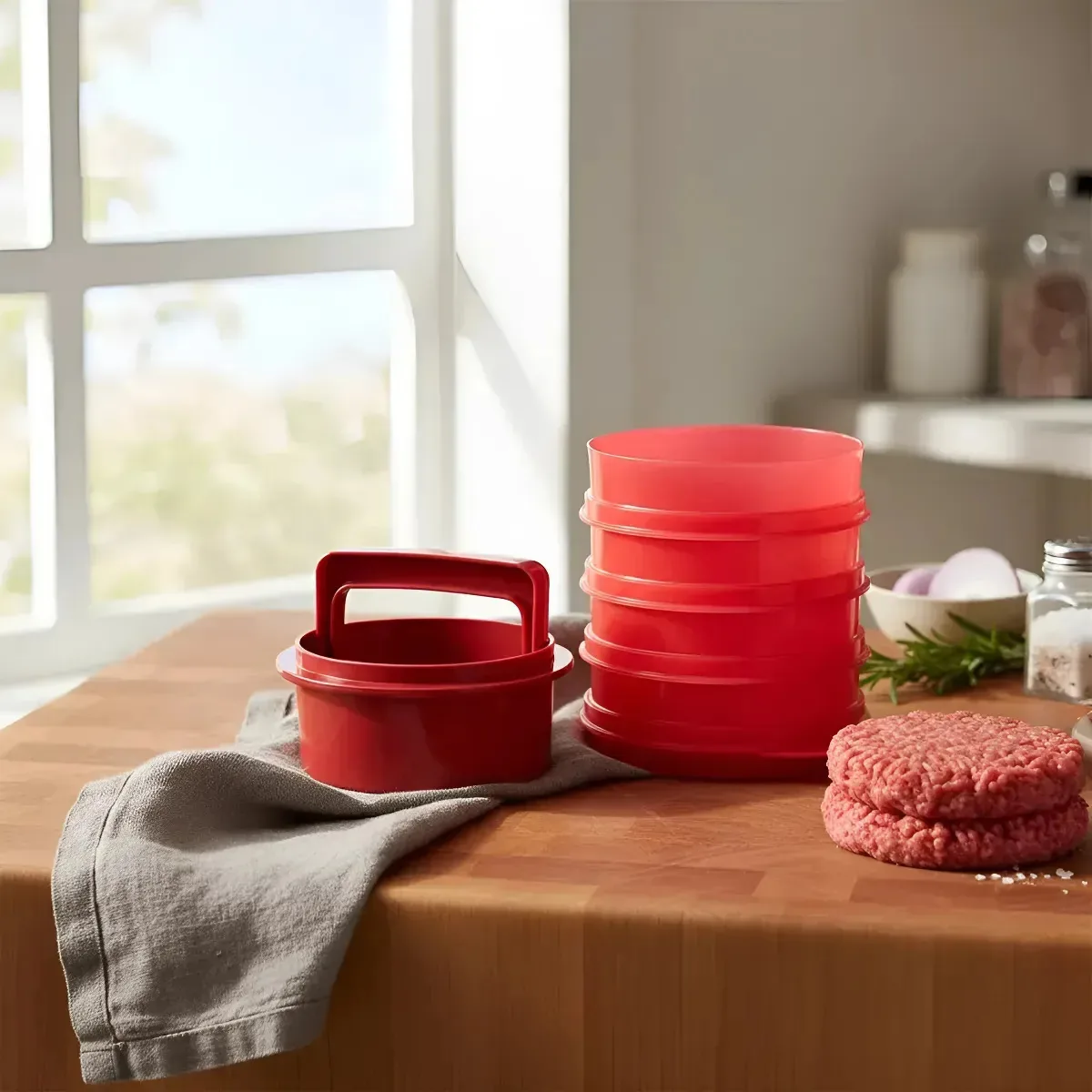 Molde de prensa e suporte para 4 hambúrgueres Tupperware de plástico vermelho